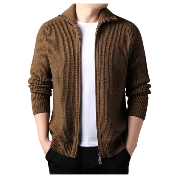 JTieacloth Casual Basic Sweaters Male Full Zip Cardigan Sweaters Unisex Lapel Collar Raglan Sleeve Casual Ribbed Sweater(Brown)