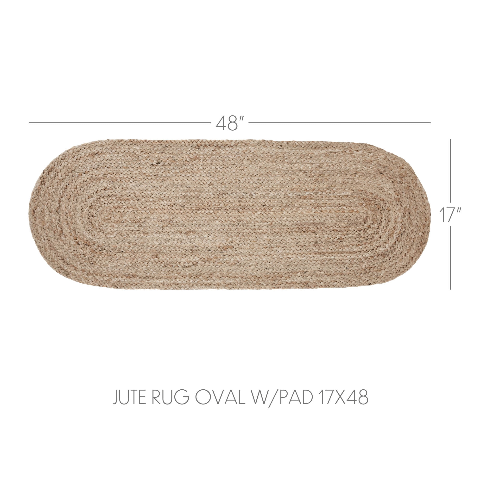 VHC Brands Jute Rug 17x48 w/Pad, Jute Area Rug, Accent Rug, Floor Decor, Braided, Natural Jute Collection, Oval 17x48, Natural