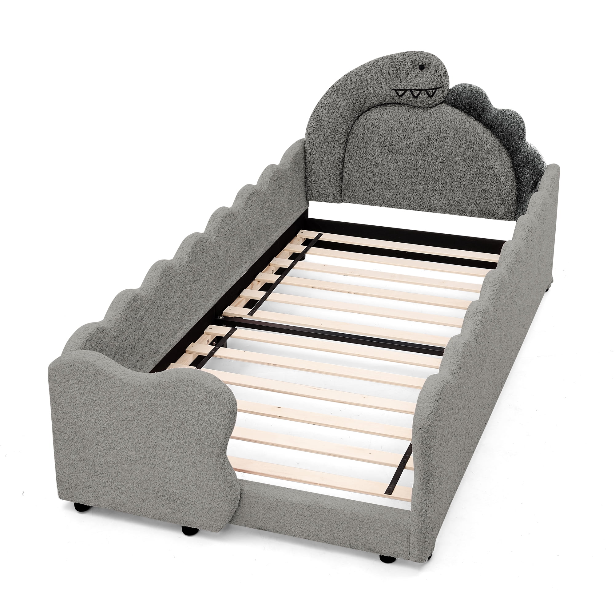 AISWORD Twin Size Kids Bed with Dinosaur Headboard, Upholstered Daybed with Slats Support & Side Pocket, Space-Saving Wooden Corner Sofa Bed, Grey