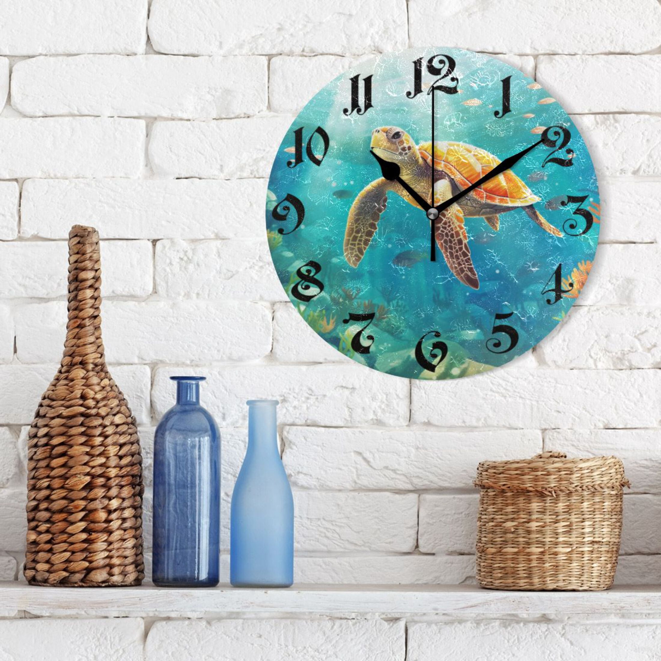 Silent Wall Clock Sea Turtle 10" Non-Ticking Battery Clock Rustic Retro Home Decorative for Living Room Kitchen Bathroom