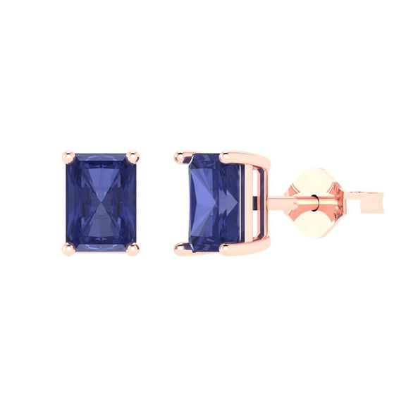 2 ct Push-Back Stud Earrings for Women | 7x5mm Emerald Cut Simulated Tanzanite | 18K Rose Gold