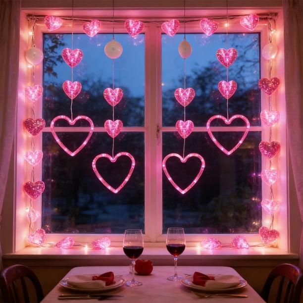 Luzes de Cuerda Led Al Aire Libre Cortina de Corazón Rosa Impermeable 3Pc 7.87x7.87x1.96In, Luces de Cuerda Led en el Interior, Copa de Succión para la Decoración de la Boda