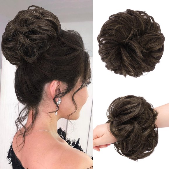 FESHFEN Messy Hair Bun Hair Pieces Wavy Curly Large Hair Bun Scrunchies Extensions Synthetic Chignon Hairpieces for Women Girls, Chocolate Brown Mixed Dark Brown 1.94oz