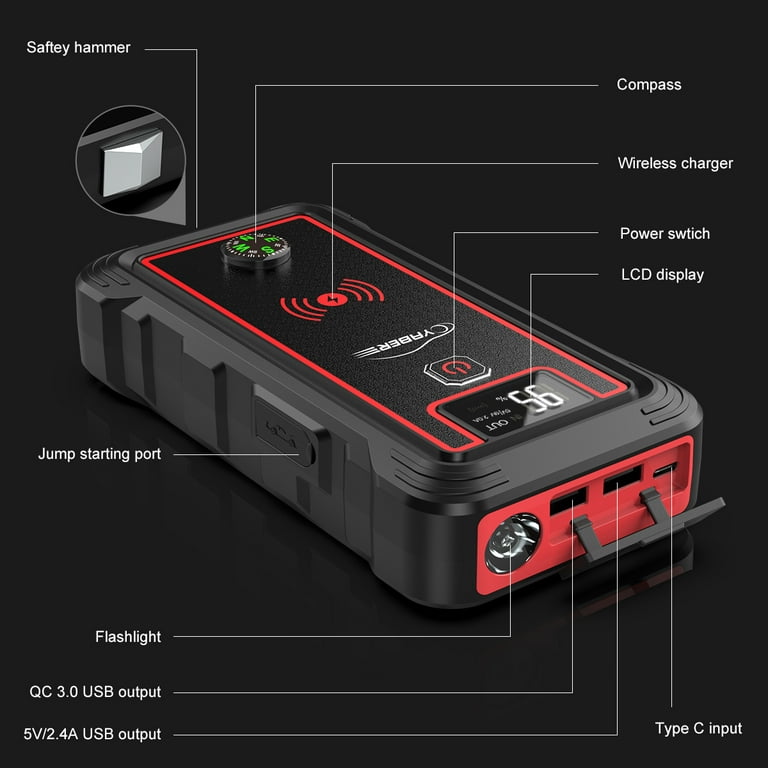  YABER Jump Starter with 10W Wireless Charger, 3500A 23800mAh  Portable Car Battery Jump Starter Battery Pack (All Gas/8.0L Diesel) 12V  Jump Box Car Battery Jumper with 4 LED Modes, Fast Charge