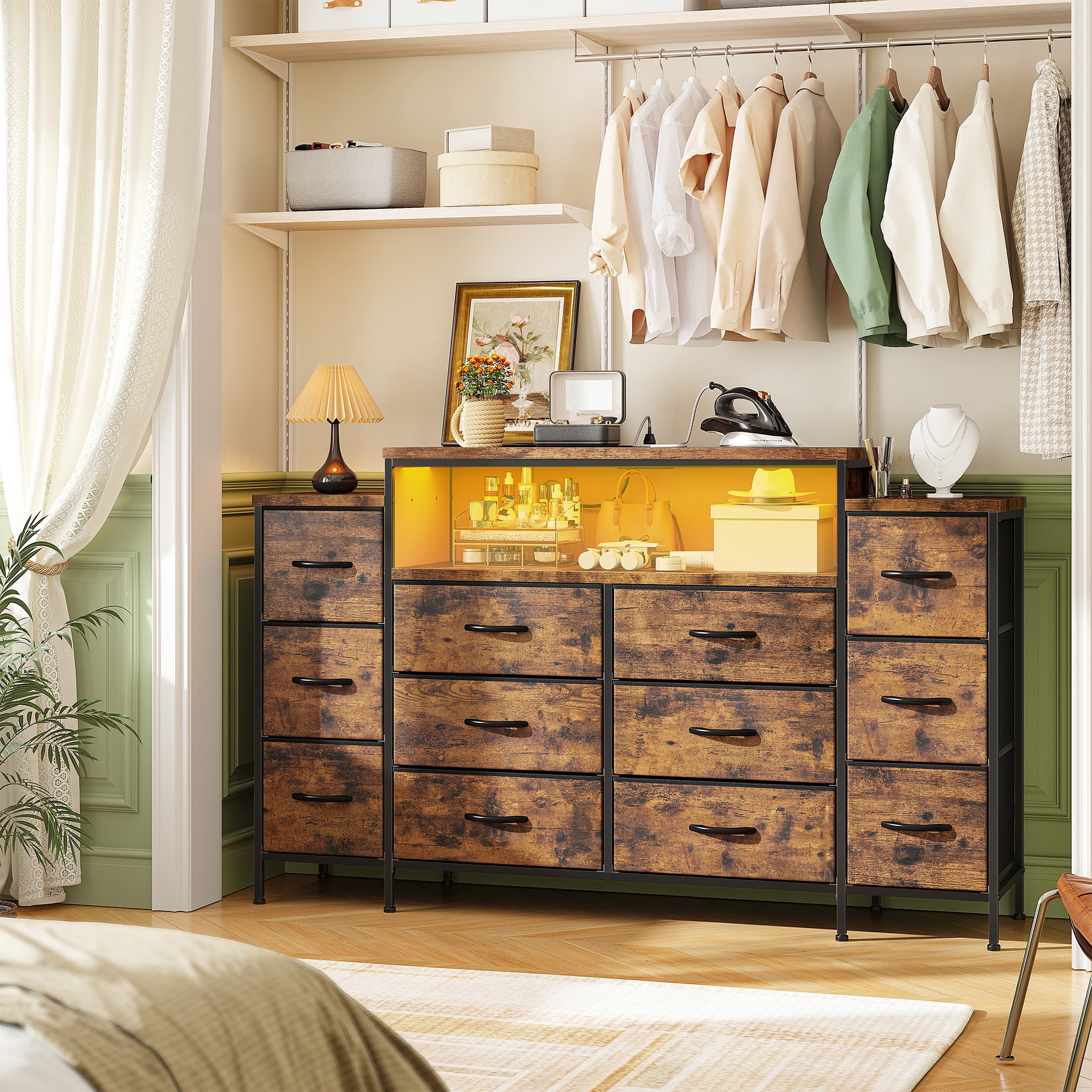 EnHomee 55" W Dresser for Bedroom with LED Lights & Charging Station 12 Drawer Dressers & Chests of Drawers, Rustic Brown