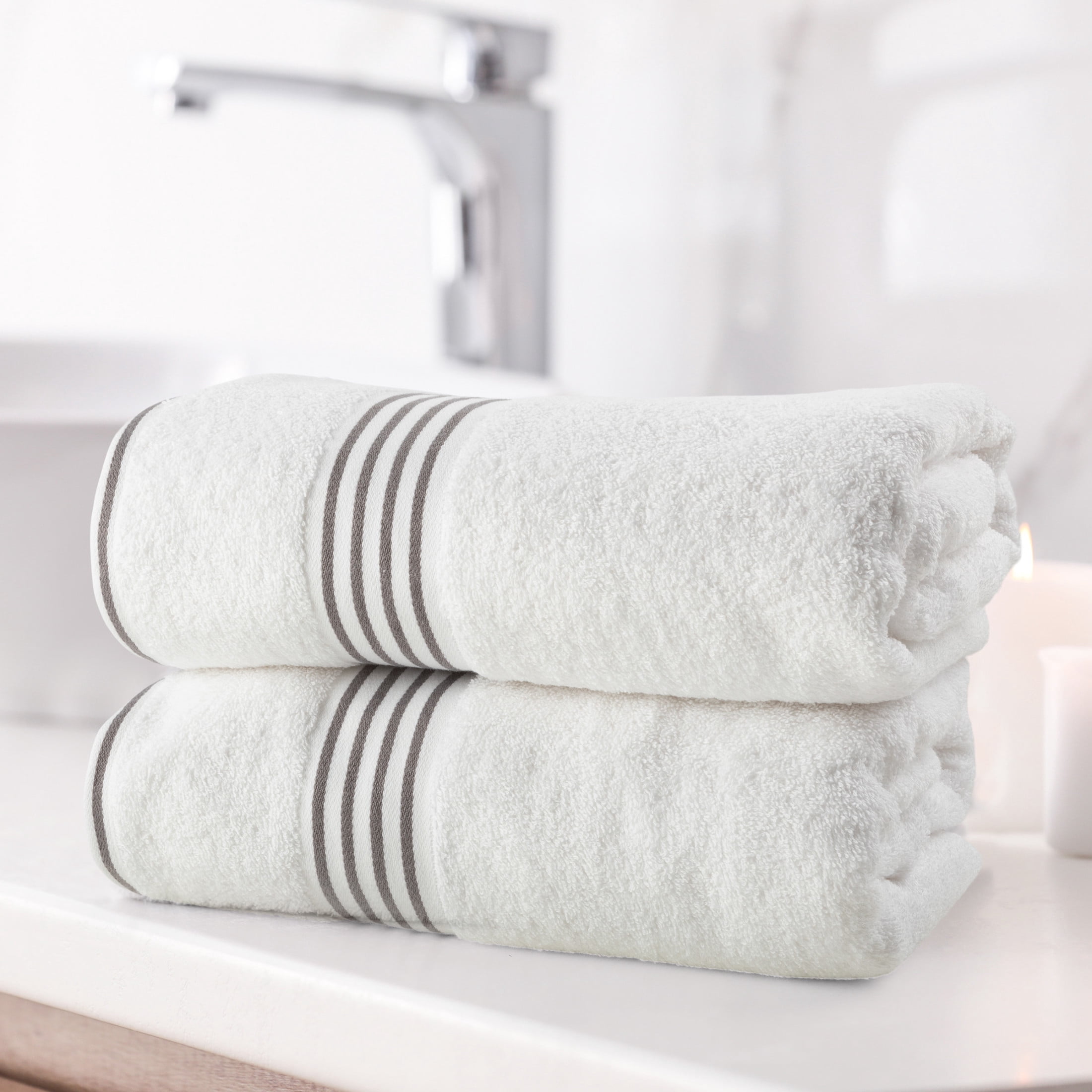Lavish Home 35x70 Bath Towels - 2PC Quick Dry Cotton Towel Set, White/Gray