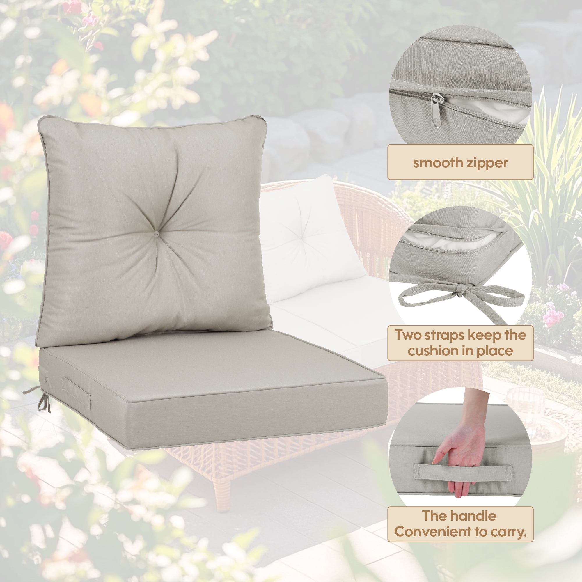 SDJPOI 2 Set Outdoor Deep Seat Cushions, 24"x24"X4.3" Waterproof Fade-Resistant Patio Furniture Cushions with Removable Covers & Adjustable Ties for Chairs, Sofa, Couch