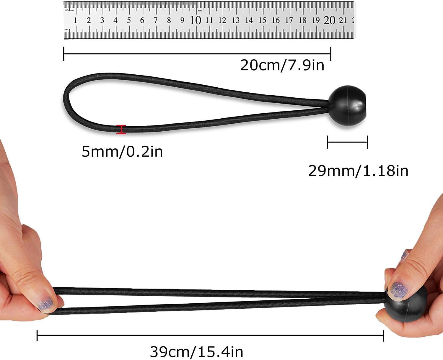 Flexible Ball Bungee Cord, Heavy Duty &amp; Portable Elastic Straps with Natural Latex Core for Multiple-Use Outdoors, 20 PCS Black Nylon &amp; Rubber Beads, Weather Resistant