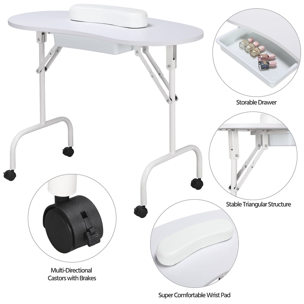 Alden Design Folding Manicure Table with Lockable Wheels and Bag, White