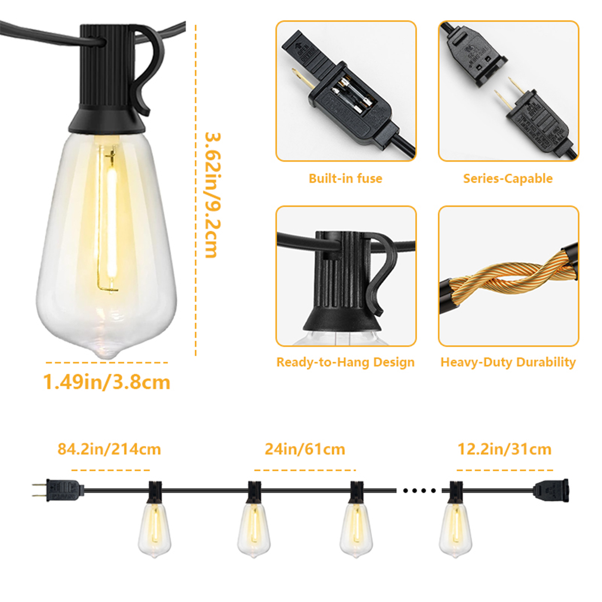 Luziki Lighting 106 Ft Outdoor LED String Lights with 54 ST38 Vintage Edison Bulbs (2700K Warm White) - Waterproof, Connectable, for Patio, Garden, Pergola, Bistro, Café & Backyard - Black Wire
