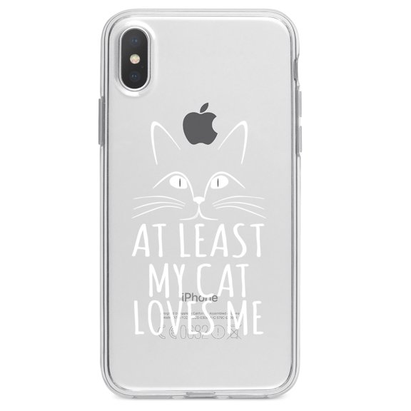 DistinctInk Clear Shockproof Hybrid Case for iPhone XR (6.1" Screen) - TPU Bumper Acrylic Back Tempered Glass Screen Protector - At Least My Cat Loves Me