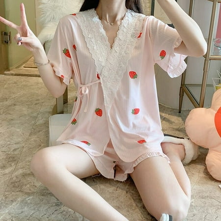 

DanceeMangoo New Kimono Pajamas for Women Cotton Homewear Short Sleeve Japan Style Lace Pijamas Mujer Soild Color Harajuku Girl Sleepwear