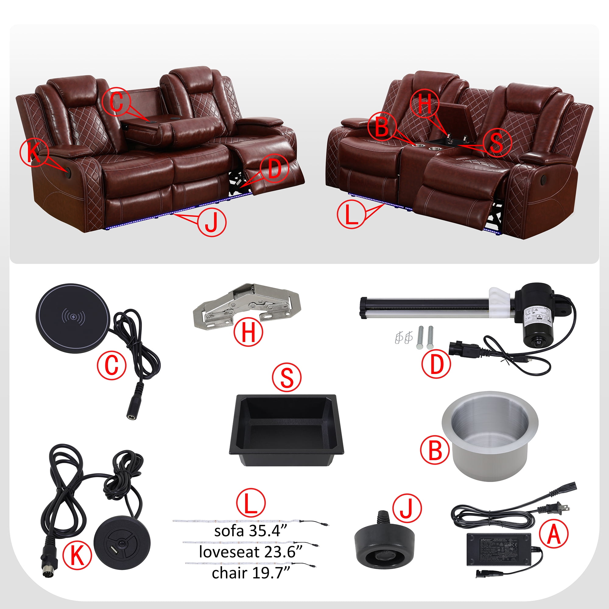 Gewnee 3-Seat Power Adjustable Sofa with 2 Recliners, Console & Cup Holders, Air Leather, Adjustable Recline, Ideal for Living Room,Brown