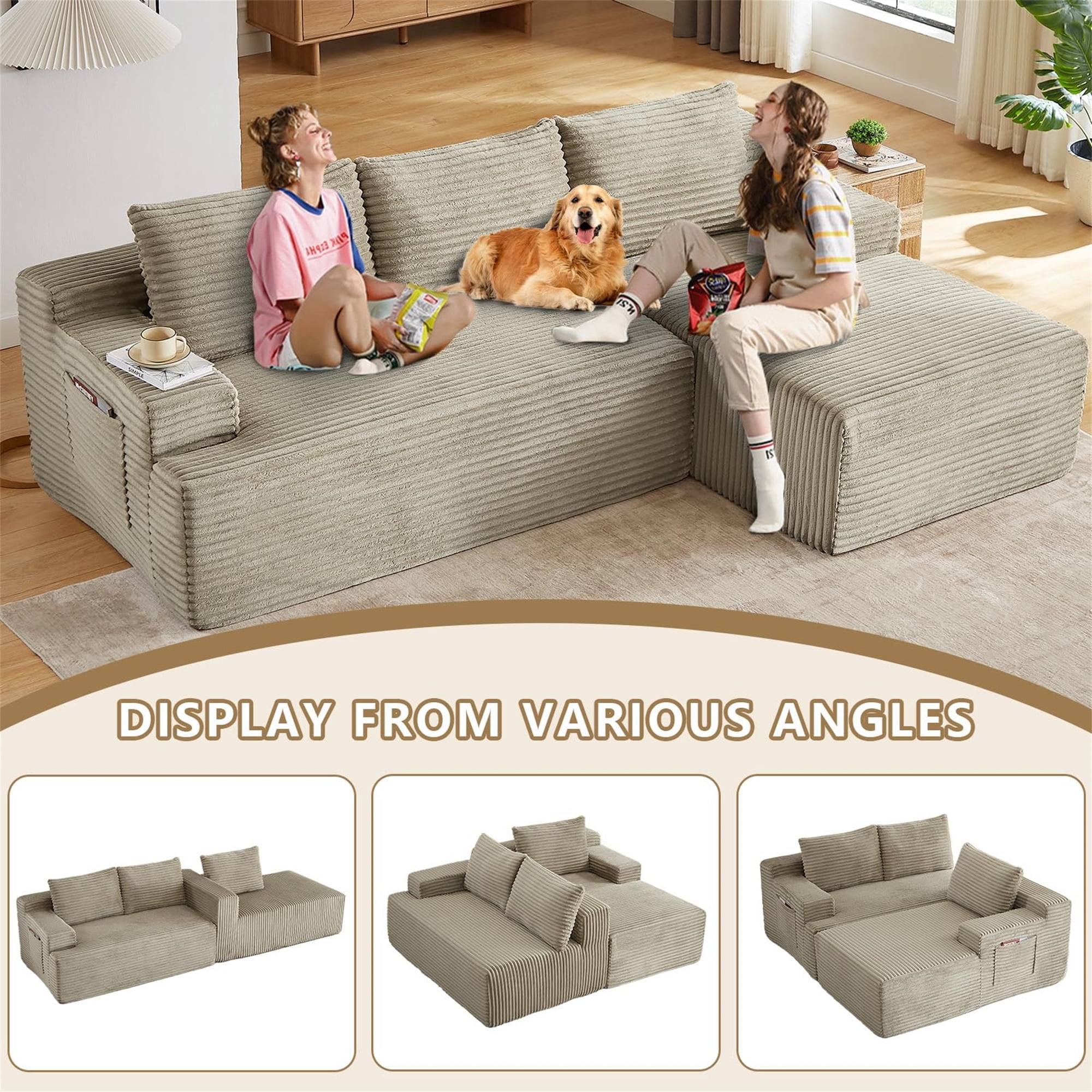 Aukfa 95" Cloud Sectional Sofa Boneless Couch Modular Sofa Bed for Living Room, 2 Side Pockets, Right Chaise, Camel