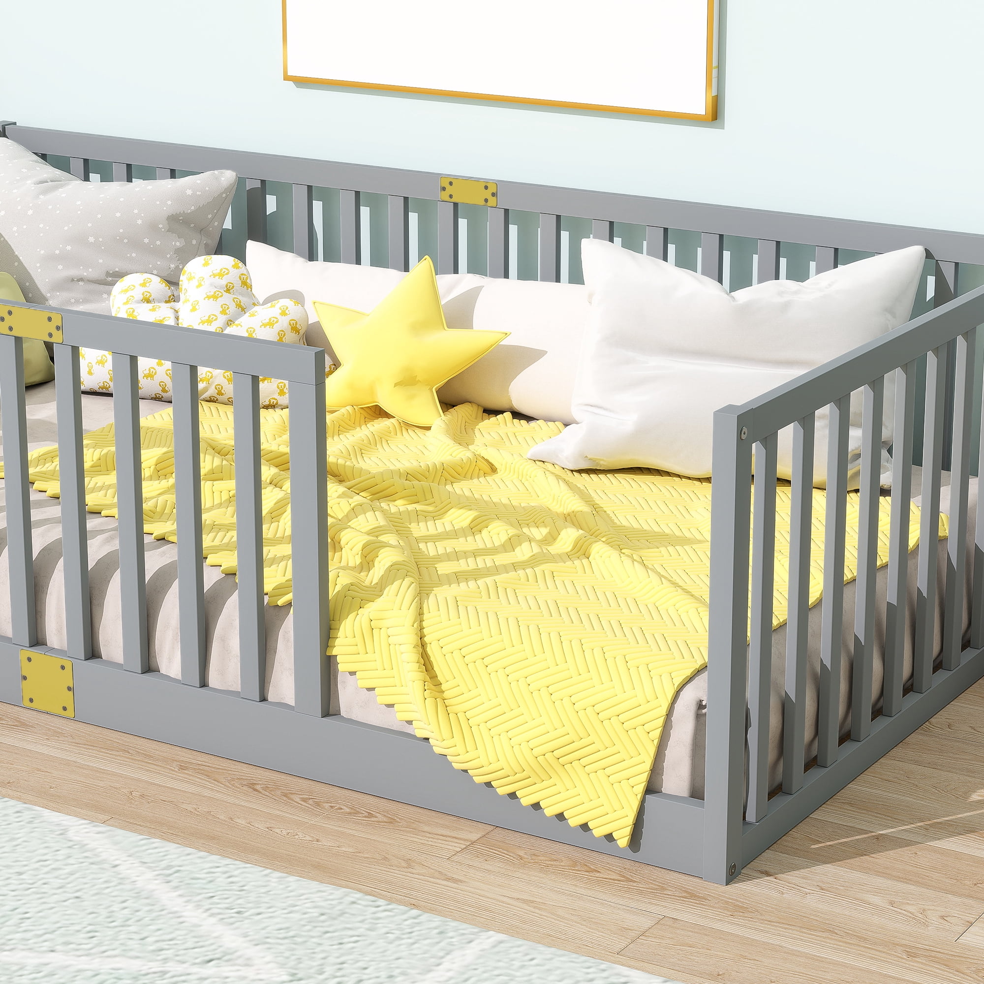Sailvan Twin Floor Bed with High Fence Railings, Solid Rubber Wood Kids Platform Bed Frame Grey