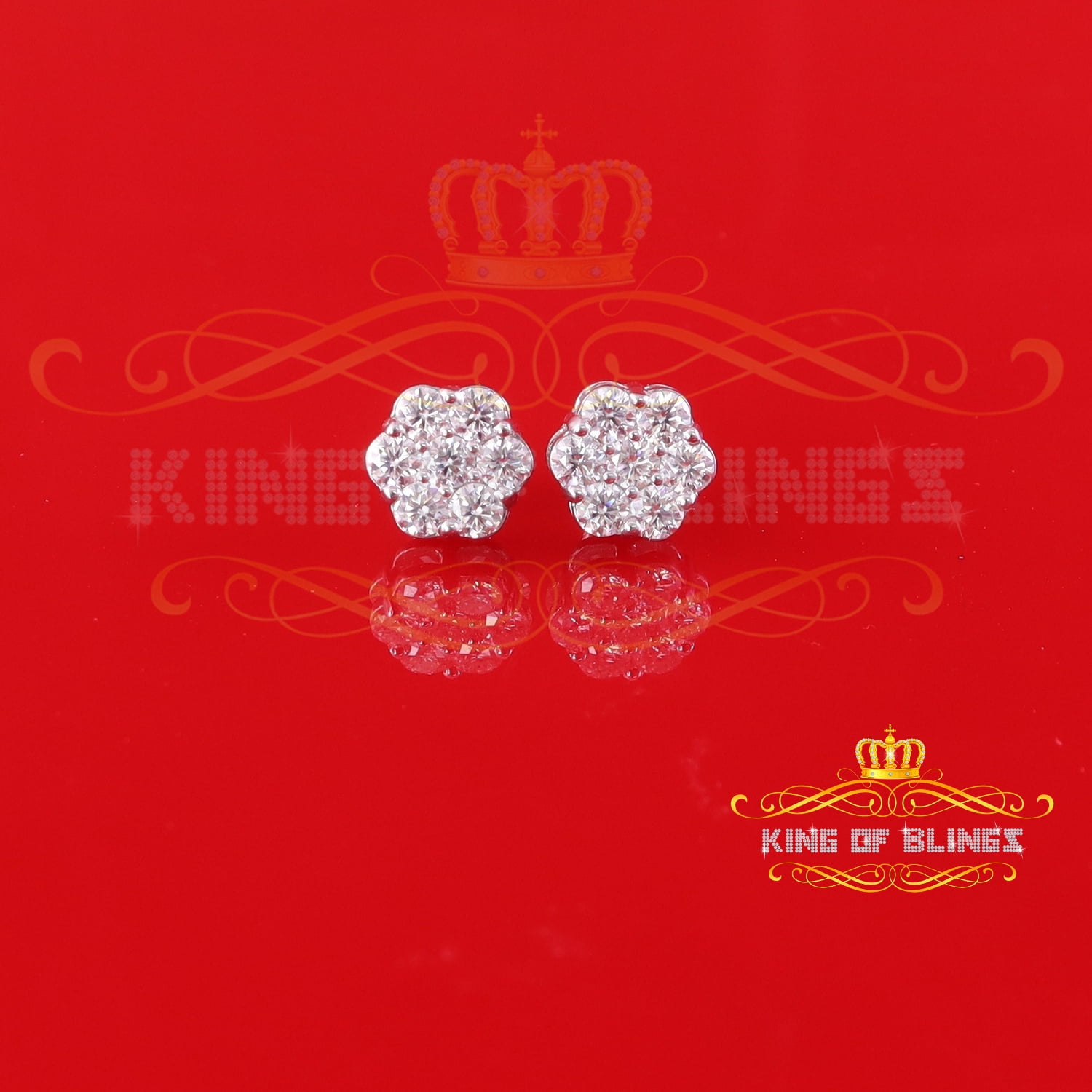 King of Bling's Men's/Womens 925 Silver White 1.66ct VVS 'D' Moissanite Floral Stud Earrings