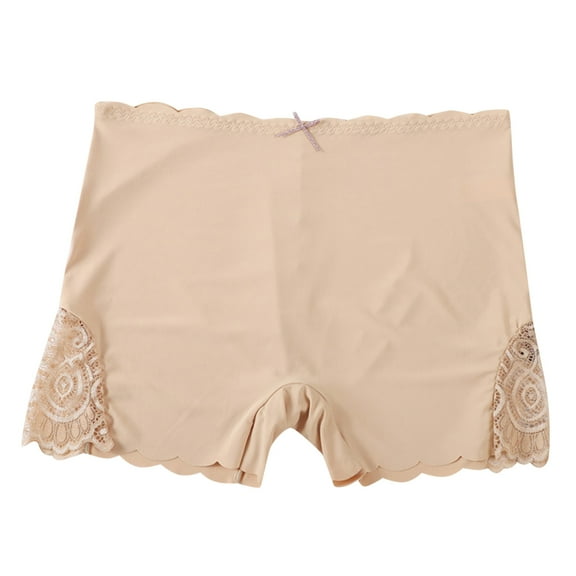 PMVFHDE Womens Ice Silk Seamless Boyshorts Smooth Solid Color High Waist Lace Edge Briefs Panties For Women Beige，L