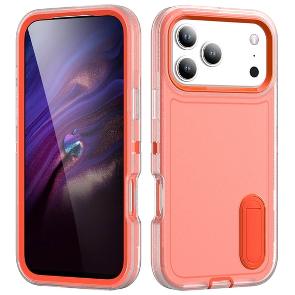 Dteck Case for iPhone 17 Pro Max,Shockproof Silicone PC Case with Hidden Kickstand Cover for iPhone 17 Pro Max ,Clear Orange