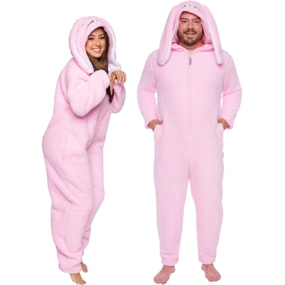 Sherpa Bunny Rabbit One Piece - Plush Adult Animal Costume Jumpsuit by FUNZIEZ! (Pink, Medium)