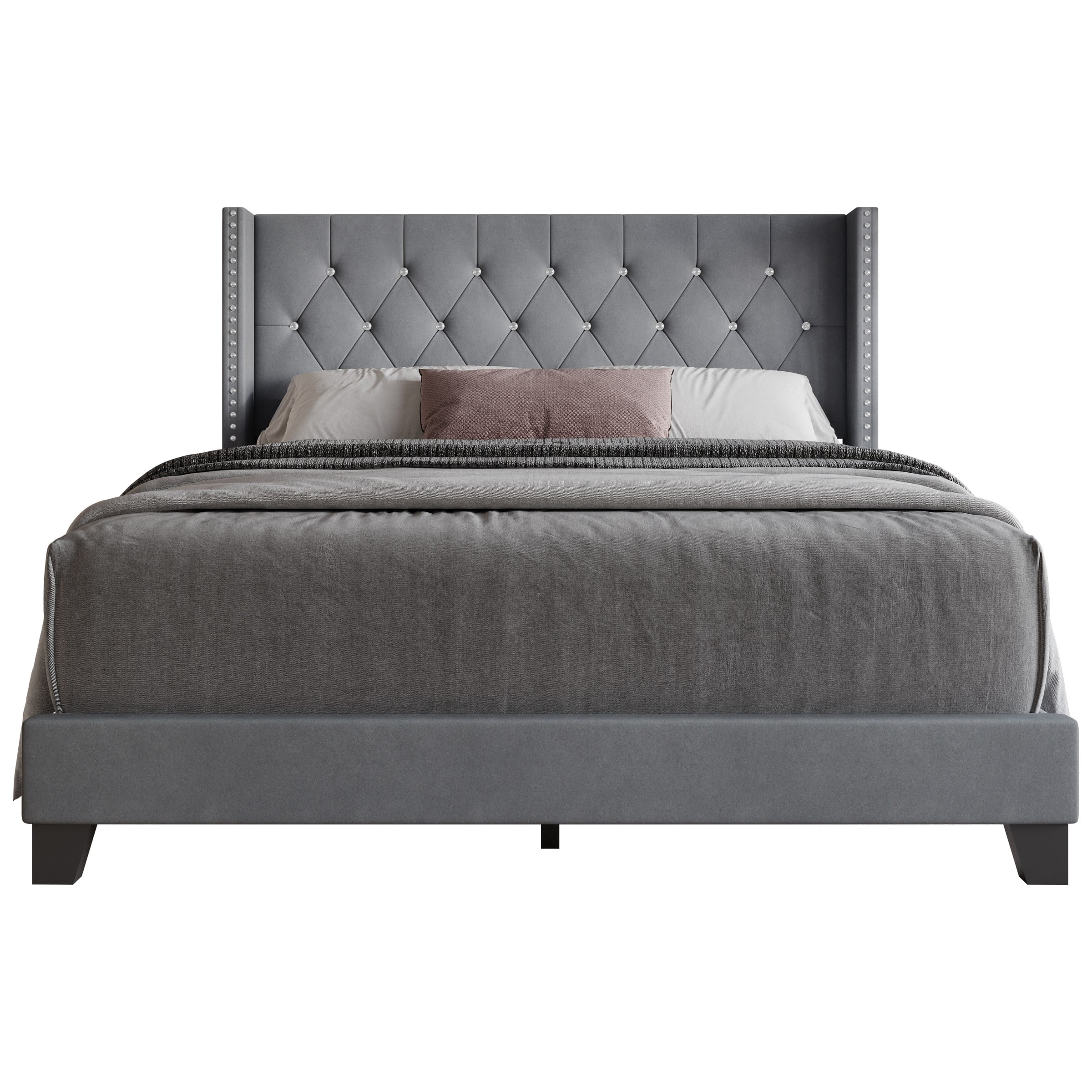 Home Design Monroe Twin Tufted Upholstered Wingback Panel Bed Frame with Diamond Tufting and Nailhead Trim for Adult Bedroom, Gray