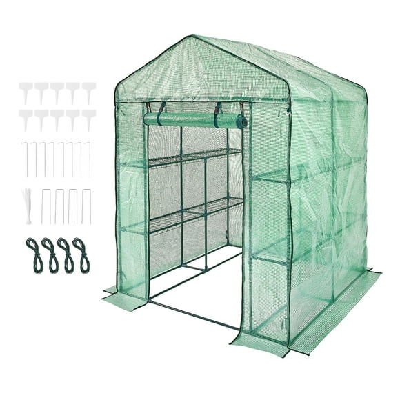 KFFKFF Stroll-in Plant House, Dimensions 4.6 x 4.6 x 6.6 ft, Greenhouse Incorporating Shelves, Robust PE Cover with Zipper Entrance and Metal Structure, Quick Assembly, Ideal for Cultivation