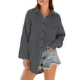 thumbnail image 6 of nerohusy Womens Waffle Knit Tops Oversized Loose Casual Drop Shoulder Long Sleeve Button Down Shirts Lapel V Neck Blouses with Pocket Dark Gray,XL, 6 of 6