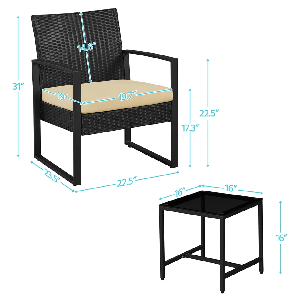 Yaheetech 3-Piece Modern Patio Set Rattan Chairs & Table for Garden, Black/ Khaki