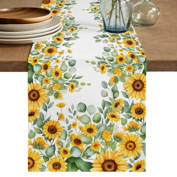 Table Runner 48 Inches Long for Kitchen Dining, Spring Sunflowers Dresser Scarf Farmhouse, Dining Table Decorations for Wedding/Parties, Eucalyptus Leaves Flowers Butterfly 13 x 48 In