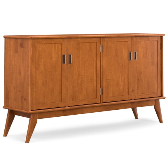 Simpli Home Draper SOLID HARDWOOD and Rubberwood 66 inch x 17 inch Rectangle Mid Century Modern 4 Door Sideboard Buffet in Teak Brown
