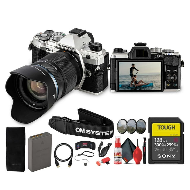 OM SYSTEM OM-5 Mirrorless Camera with 14-150mm f/4-5.6 II Lens in Silver Bundle Including: 128 GB Memory Card, 3-Piece Filter Kit, Shoulder Strap, Cleaning Kit, Card Reader, Storage Wallet, More
