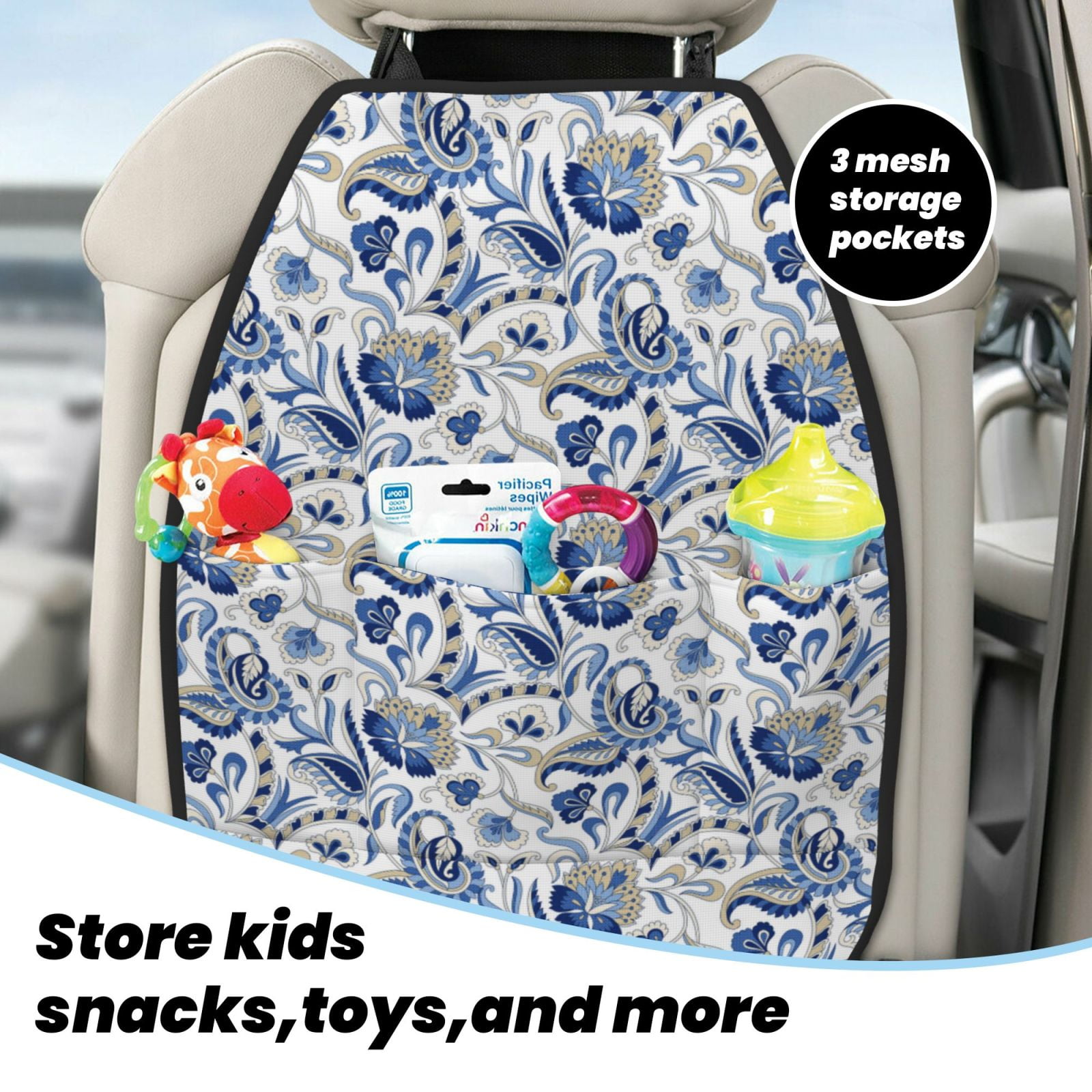 Xecao Blue Paisley Pattern Car Seat Back Protector 2 Pack Large Capacity Pocket, Kick Mats Back Seat Protector