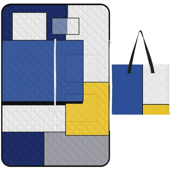 Blue Geometric Outdoor Picnic Blanket, Foldable Waterproof Beach Mat, Portable Beach Blanket for Beach Camping, Hiking, Family Concerts