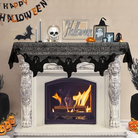 Halloween Decorations Indoor Fireplace Mantel Scarf, Black Lace Ghost Spiderweb Fireplace Cover for Halloween Mantle Decor Festive Party Supplies, 21x79 inches