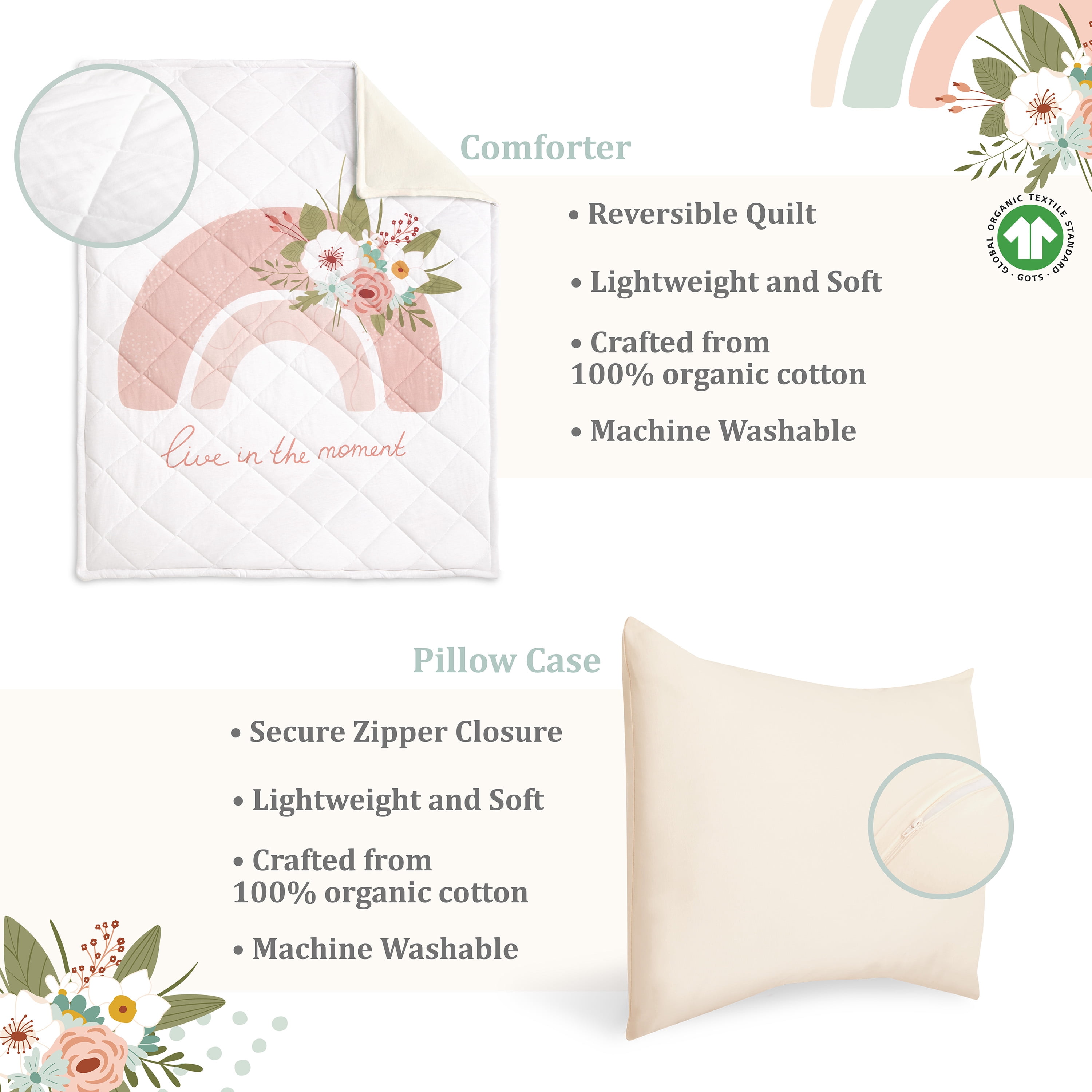 Evolur RainBoho Collection 3pc Toddler Bed Set (Fitted Sheet, Comforter, Pillow Case) in Light Peach & Rainbow Print