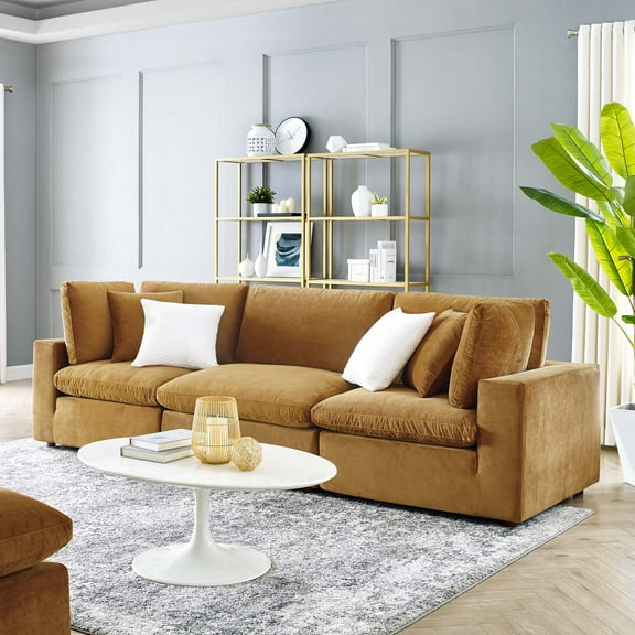 Modway Commix Down Filled Overstuffed Performance Velvet 3-Seater Sofa in Cognac