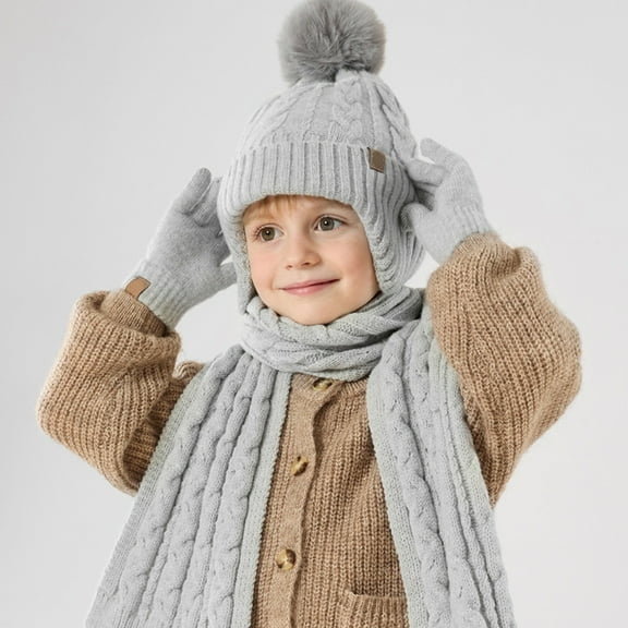 AuroraX Chunky Hat Scarf Gloves Set Luxurious Gray Classic Knit Scarf Warm Soft Thick 3 Pcs Solid Wrap for Boys,Girls