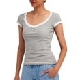 thumbnail image 2 of Womens T Shirts Casual Tight Lace Round Neck Short Sleeve T Shirt Top Tops for Women Trendy Grey L, 2 of 4