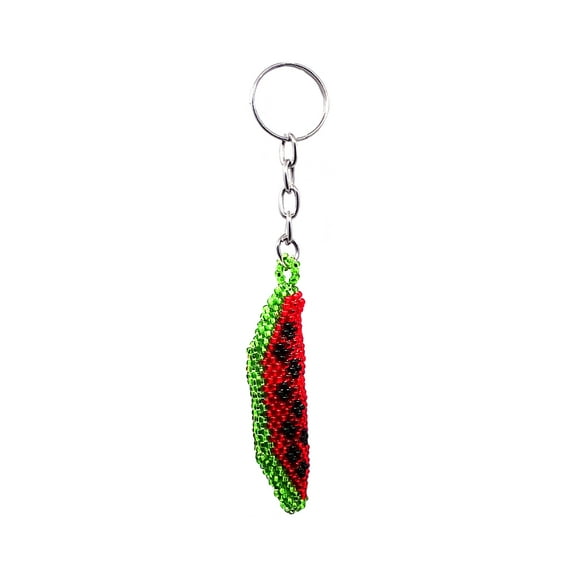 Watermelon Fruit Czech Glass Seed Bead 3D Figurine Keychain Metal Ring - Handmade Gifts Boho Car Keys Bag Food Accessories