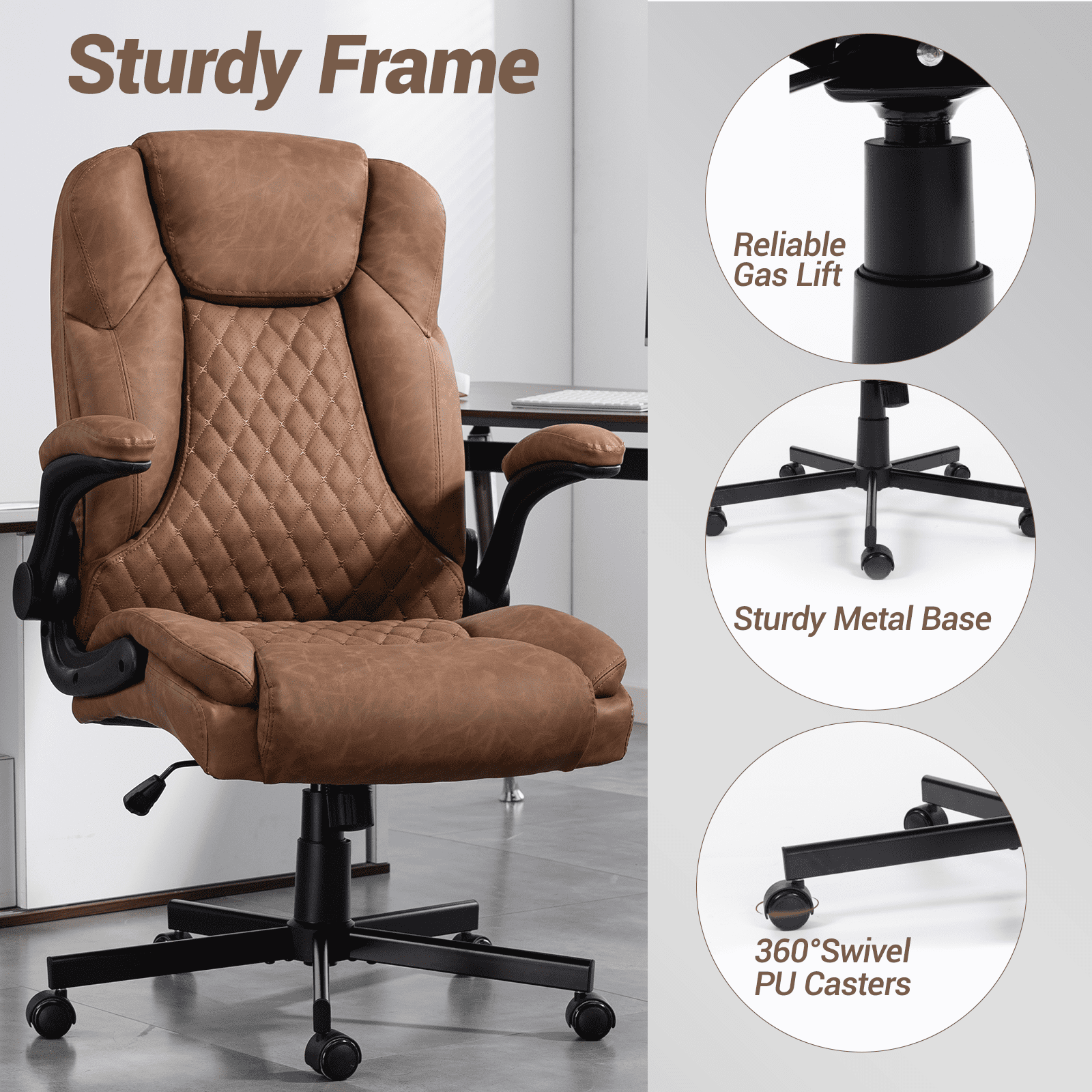 WENTUM High Back Executive Office Chair, Ergonomic Computer Desk Chair with Rocking Function, PU Leather, Flip-Up Armrests and Lumbar Support, Brown