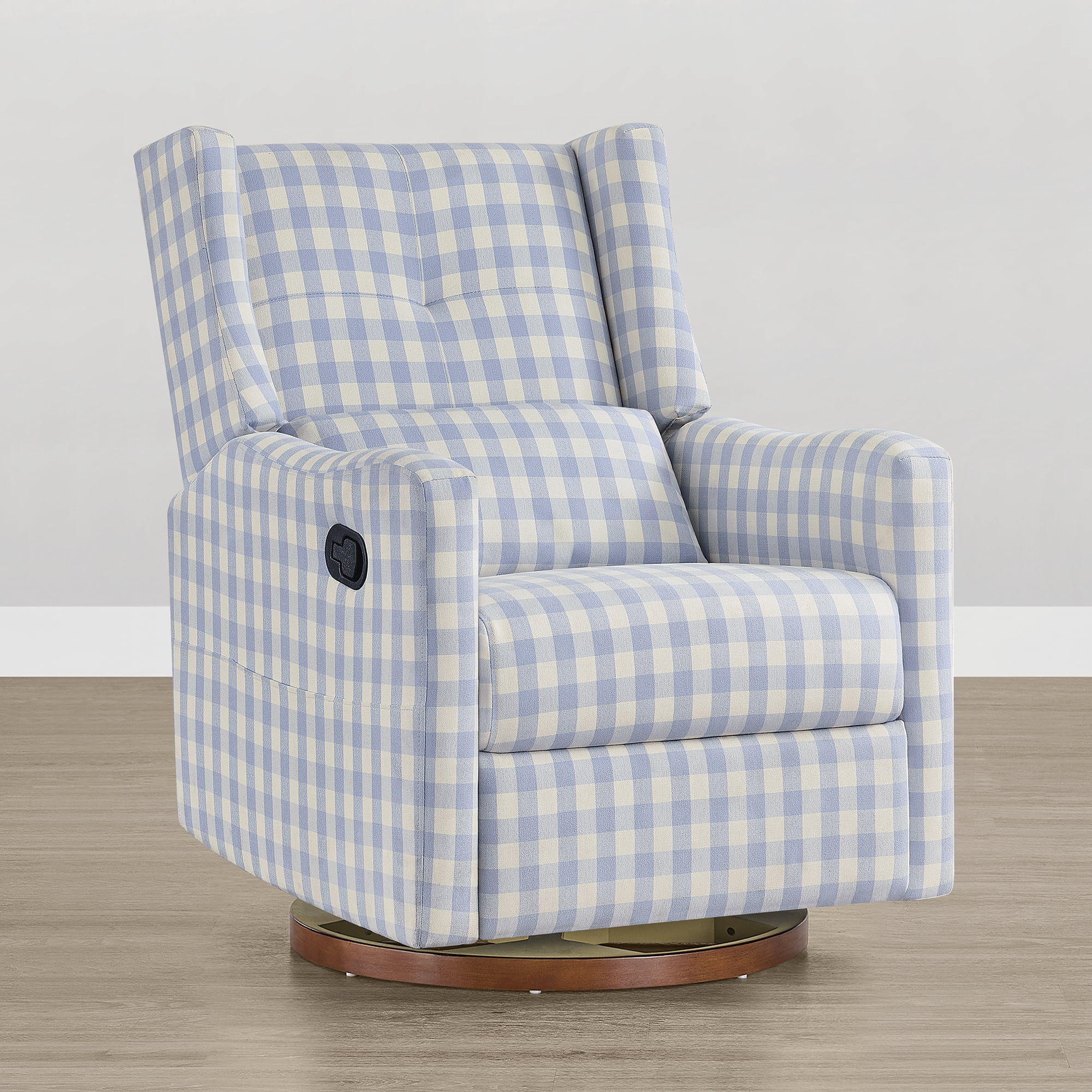 Spruce & Spring Swivel Glider Recliner Chair for Living Room & Nursery, Chenille Fabric, Baby Blue & Cream Plaid