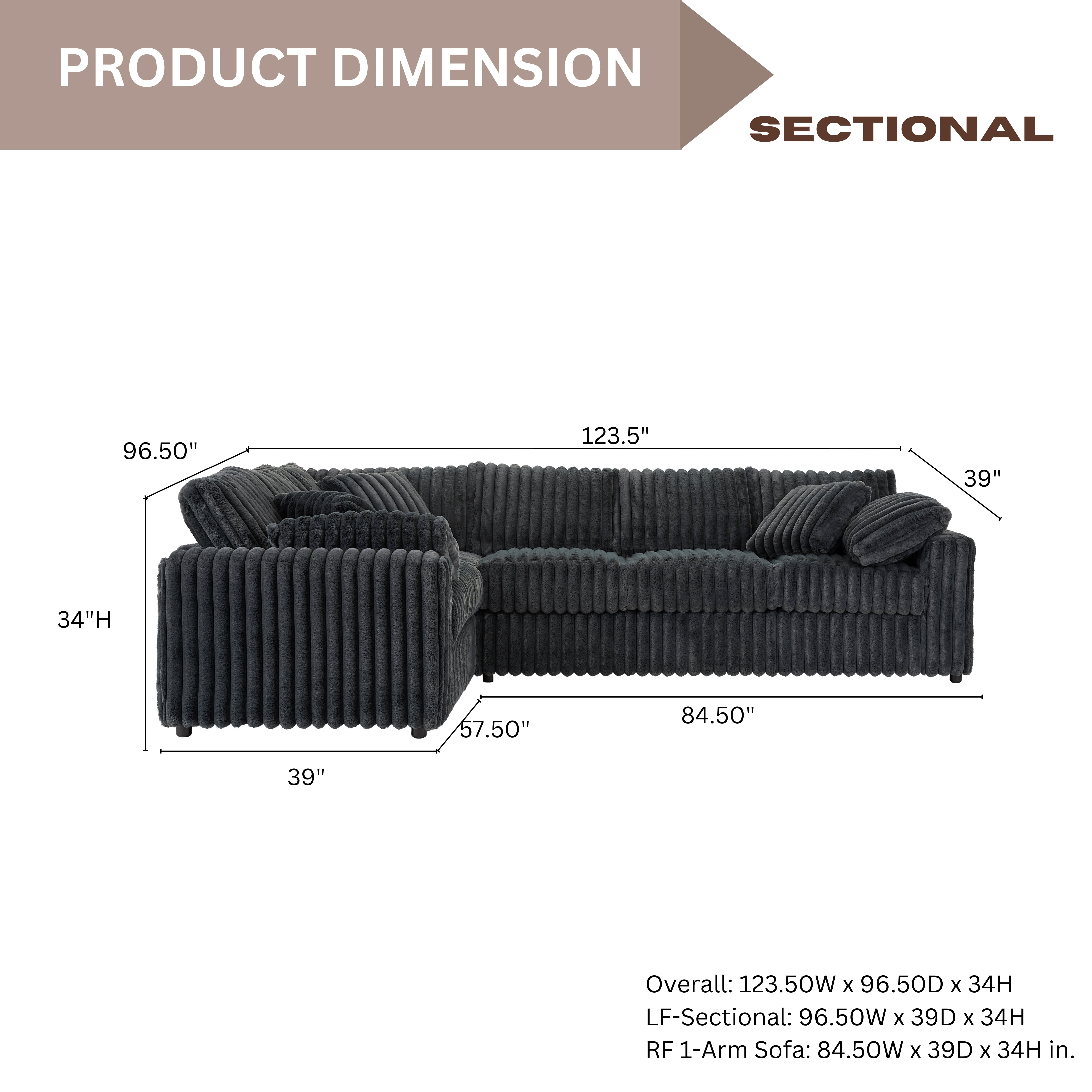 Roundhill Furniture Belvoir Living Room L-shape Sectional, Charcoal
