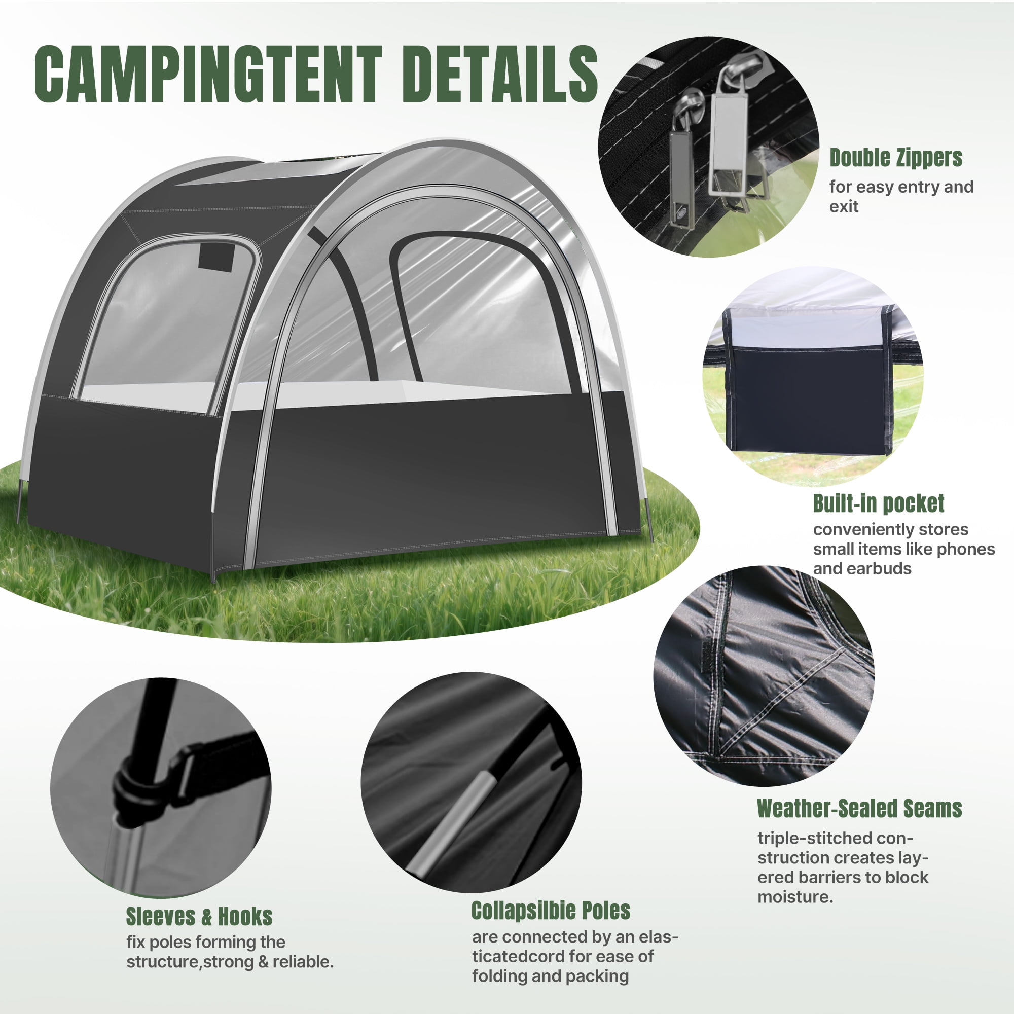 PVC tunnel tent, with super strong rain and windproof and sunshade design, suitable for 3-4 people, featuring a cold condensation-free panoramic skylight, an essential for camping