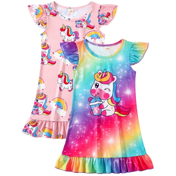 WIBACKER 2Pcs Unicorn Girls Nightgowns 3-12Y Pajamas Dresses Flutter Short Sleeves Sleepwear Nightshirt for Kids Nightie Dress