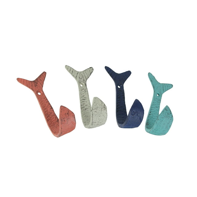 Set of 4 Cast Iron Flipping Fish Decorative Wall Hooks Coastal Beach Towel Hanging Decor Rustic Key or Coat Rack