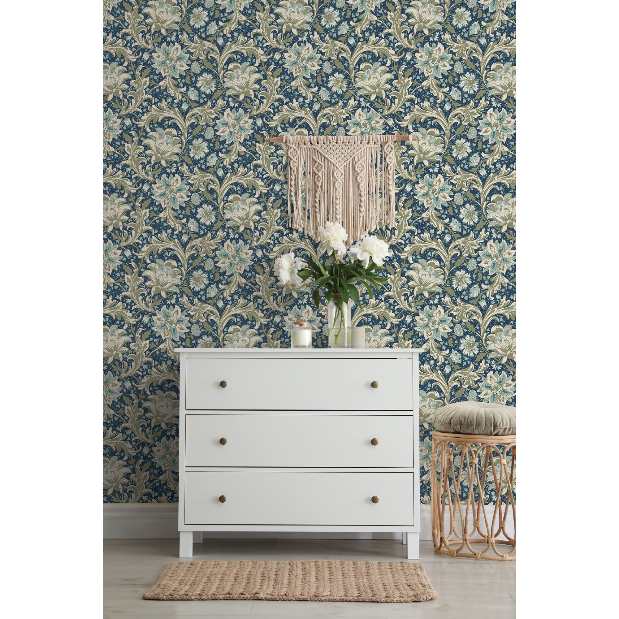 Better Homes & Gardens Navy Isolda Jacobean Peel and Stick Wallpaper, 20.5" x 18'