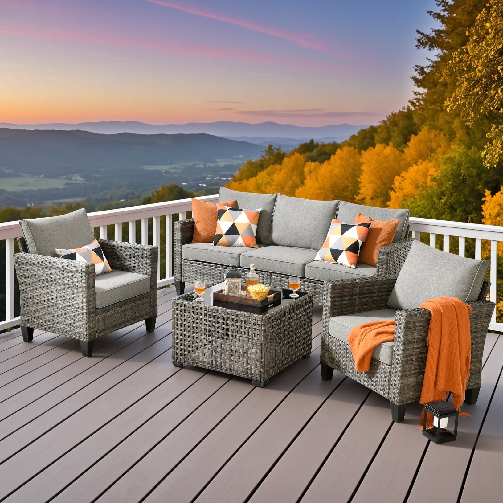 XIZZI Outdoor Patio Furniture Sets with Solar Coffee Table, All-Weather Wicker Rattan Outdoor Furniture Conversation Set for Porch, Patio, Backyard-Dark Gray
