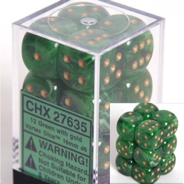 Juegos de dados Chessex d6: Verde vórtice con oro - Troquel de seis caras de 16 mm (12) Bloque de dados Chessex 601982025359