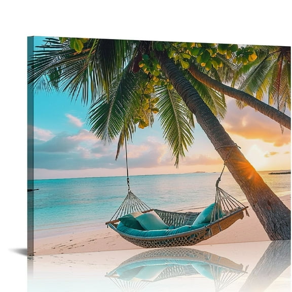 Acheng Romantic Beach Sunset Canvas Wall Art - Ocean Waves Prints Palm Tree with Lounge for Living Room, Bedroom, Bathroom & Office - Framed Artwork Decorations for Easy Hanging 20x16in
