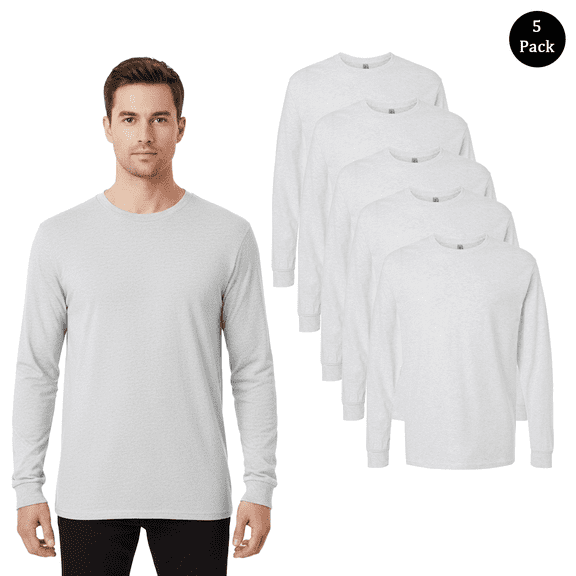 Gildan Men's Heavy Cotton T-Shirt, Long Sleeve Blank Tee for Custom Printing, Ash, 5-Pack, S