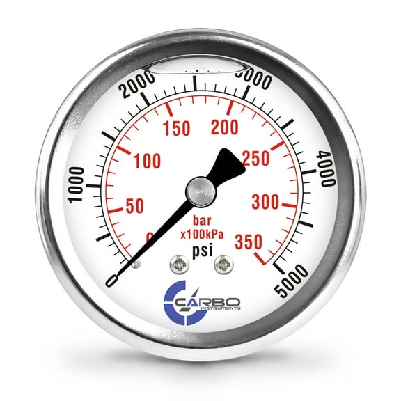 CARBO Instruments 2 1-2" Pressure Gauge, Stainless Steel Case, Chrome Plated Brass Connection, Lqiuid Filled, 0-5000 psi/kPa, Back Mount 1/4" NPT
